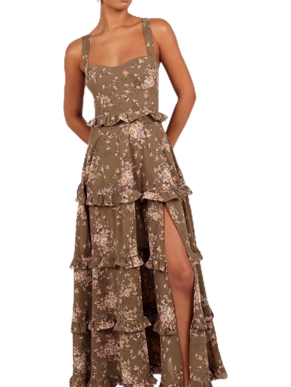 Petal & Pup Olive Floral Ruffle Tiered Maxi Dress